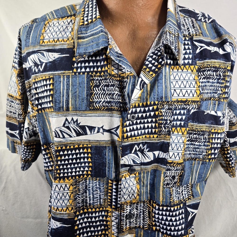 Columbia Front Button Shirt Mens XL TG Blue White Tan Marlin Sailfish Billfish